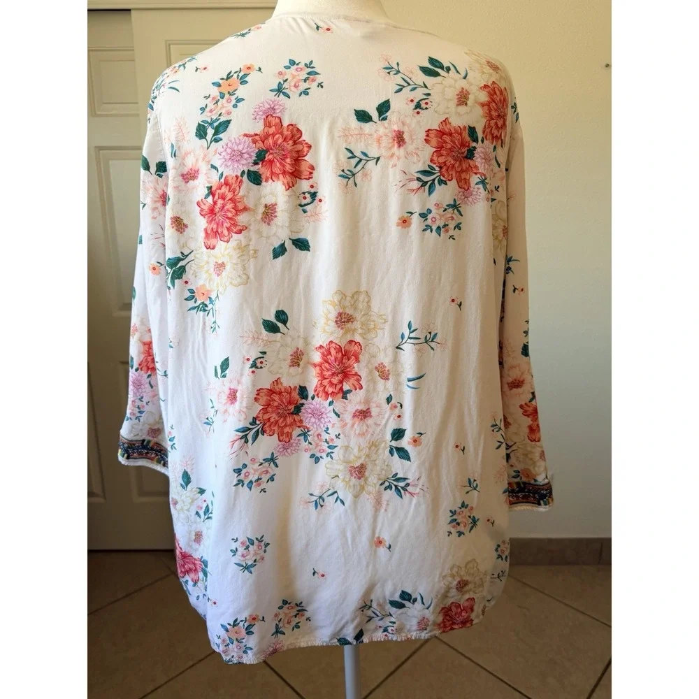 Linda Anderson Women XXL Floral Boho Peasant Blouse White Rayon Embroidered Top - Picture 3 of 16